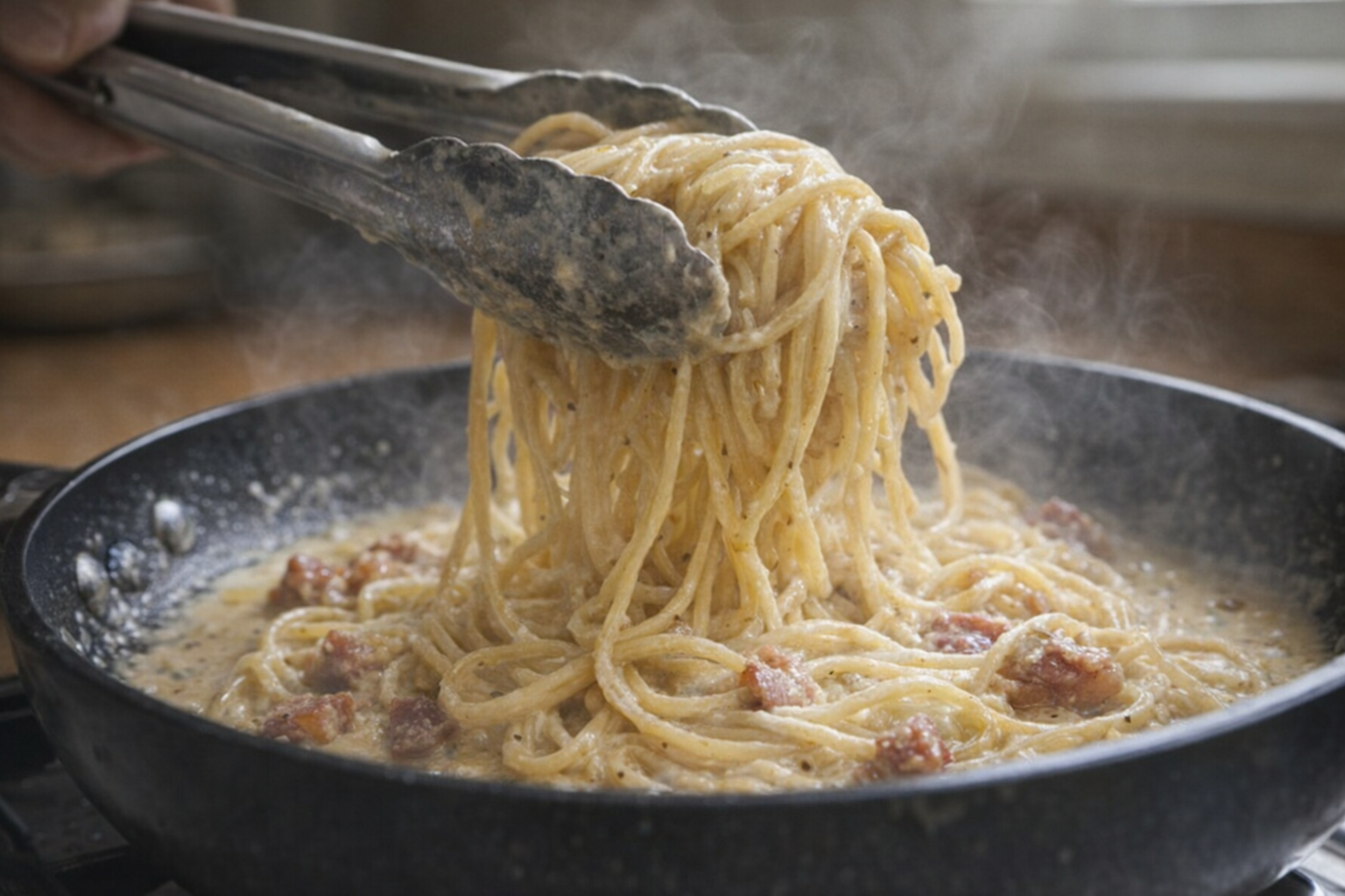 An action shot of tongs tossing spaghetti in a skillet with a creamy, emulsified sauce, pieces of pancetta visible, steam rising from the pan.